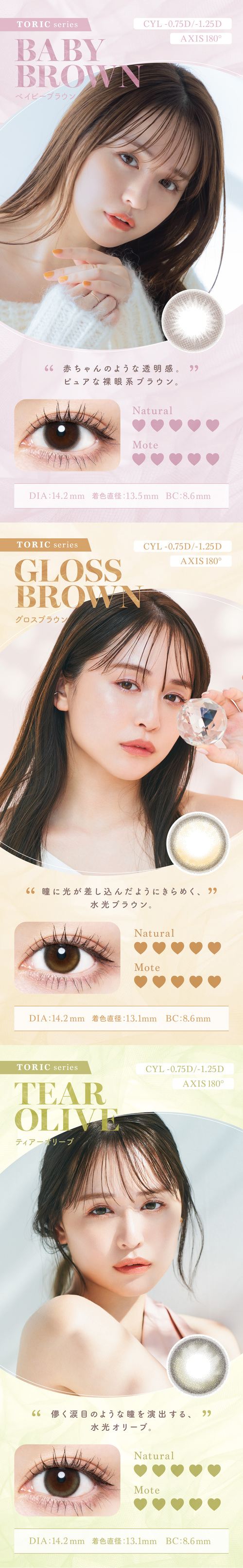 チューズミー乱視用 カラコン 菅本裕子 ゆうこす ベイビーブラウン グロスブラウン ティアーオリーブ レンズ詳細