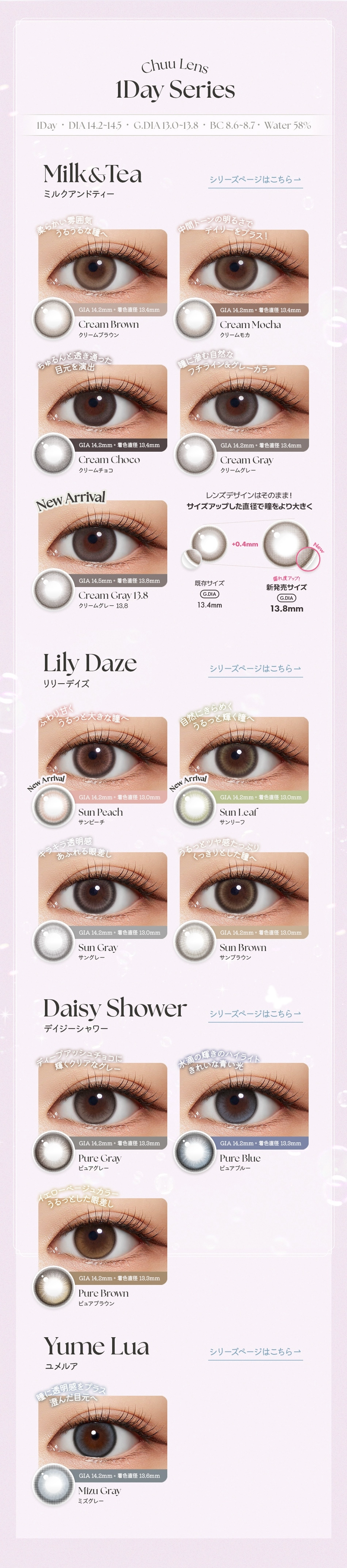 チューレンズ 　カラーラインナップ DIA14.2mm 着色直径13.4mm ベースカーブ8.7mm 含水率58.0%のカラコン