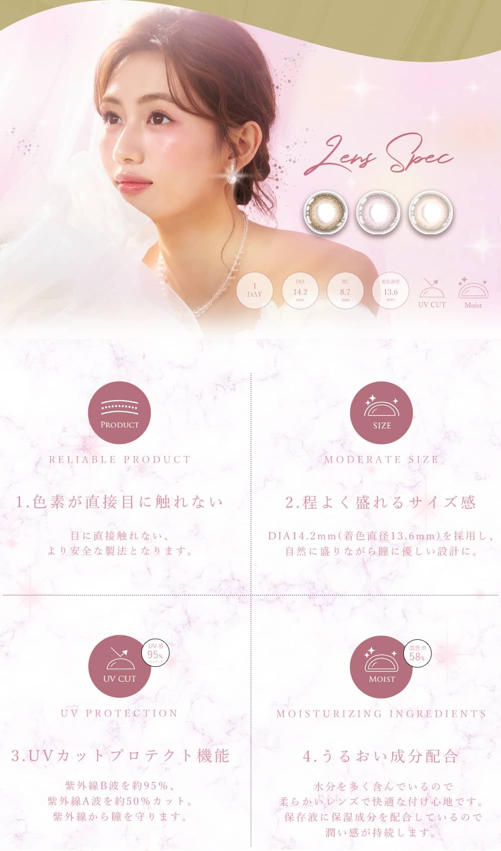 ダイヤブルームユーブイモイスト カラコン チィタオ レンズスペック