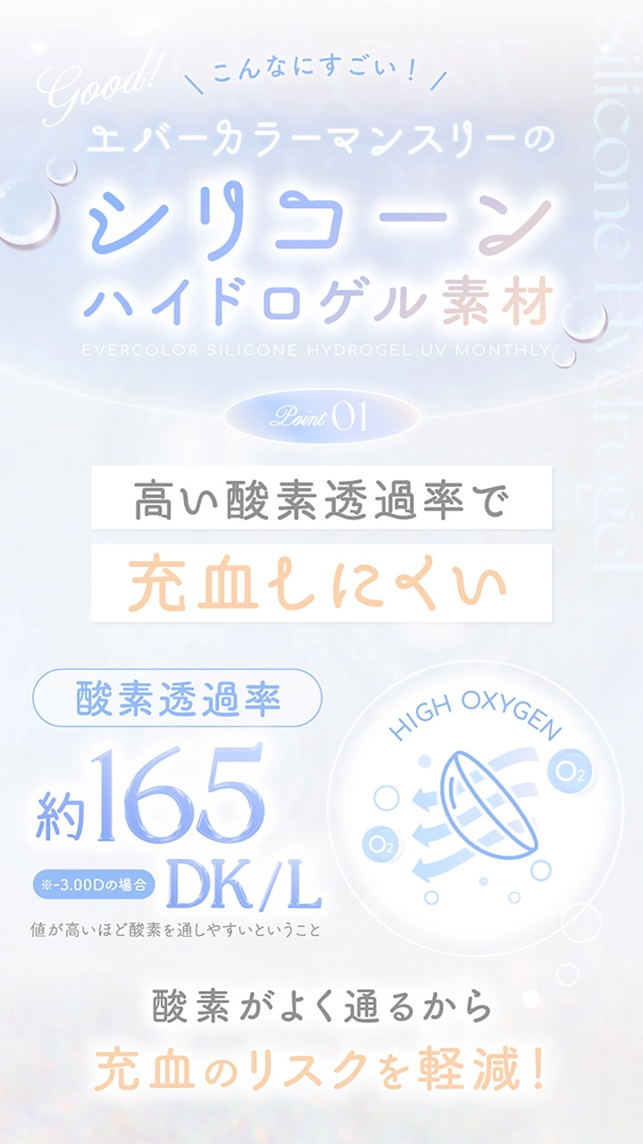 エバーカラーワンマンス　新木優子　シリコーンハイドロゲル　レンズポイント２特殊構造の説明