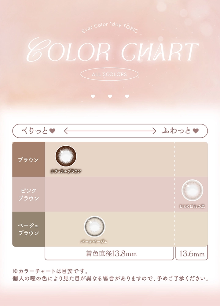 エバーカラー　カラーチャート DIA14.5mm 着色直径13.8mm ベースカーブ8.6mm 含水率55.0%のカラコン
