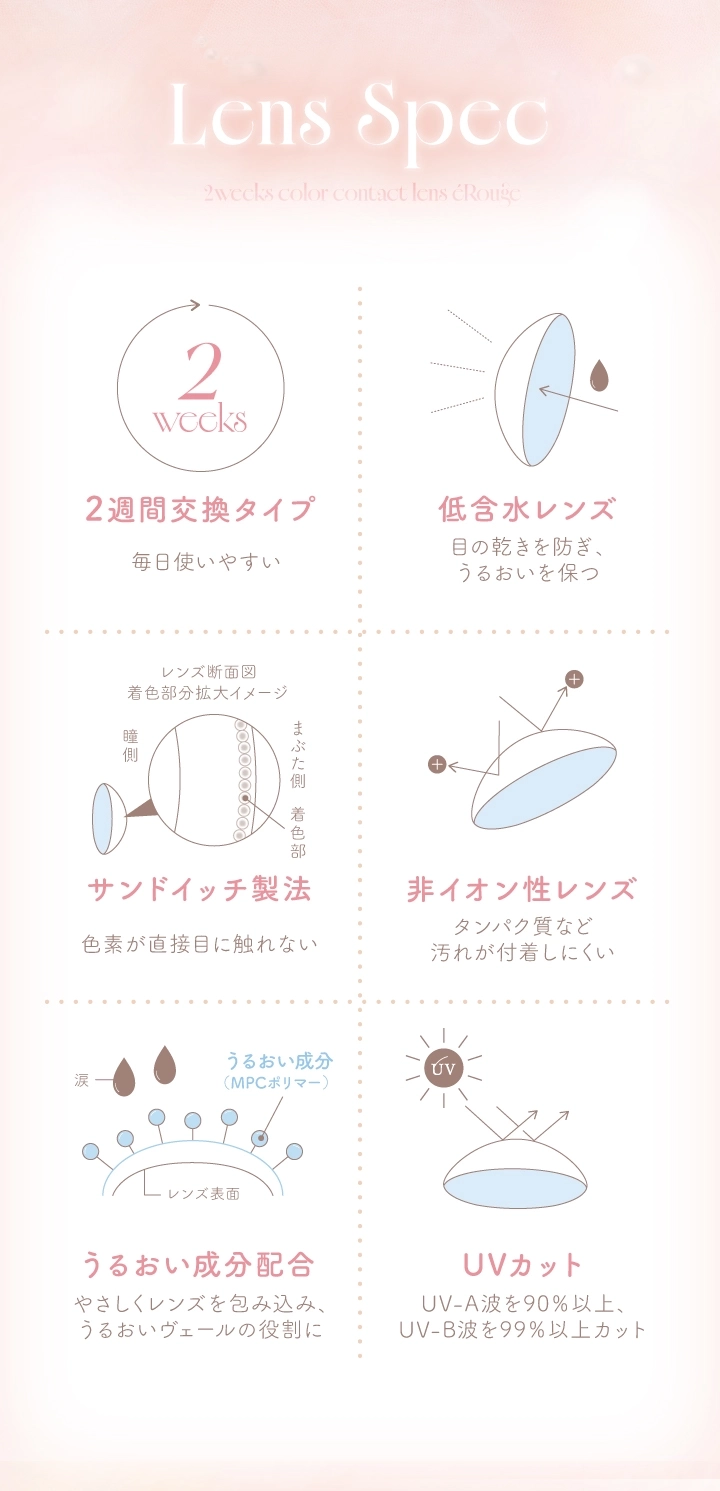 エルージュ カラコン eRouge DIA14.5mm 着色直径13.5mm ベースカーブ8.7mm 含水率38.6%のカラコン