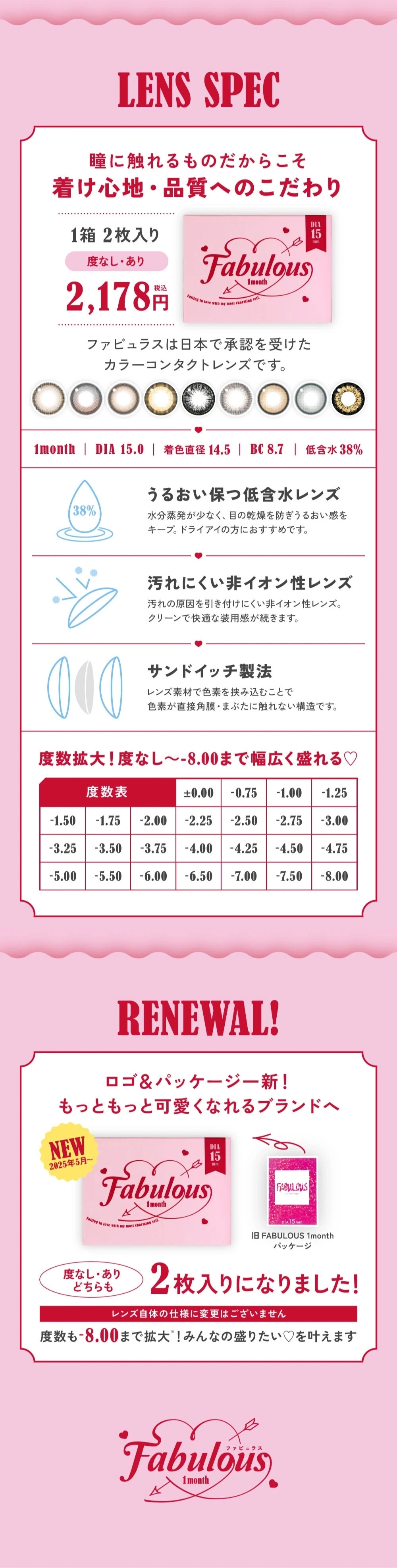 ファビュラス カラコン Fabulous DIA15.0mm 着色直径14.5mm ベースカーブ8.7mm 含水率38.0%のカラコン