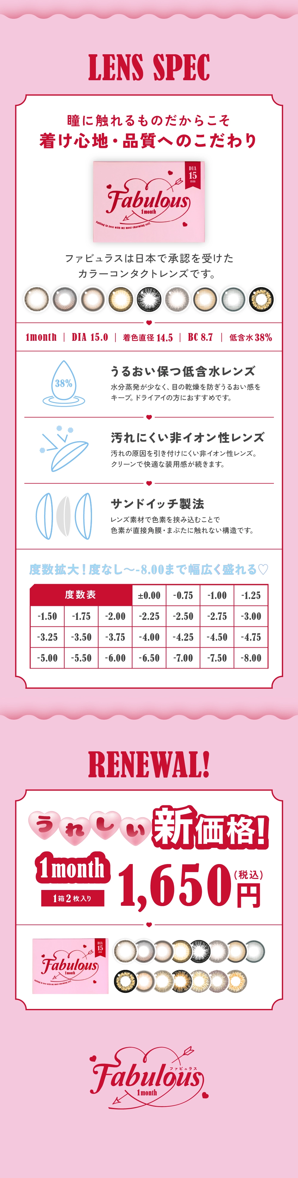 ファビュラス カラコン Fabulous DIA15.0mm 着色直径14.5mm ベースカーブ8.7mm 含水率38.0%のカラコン