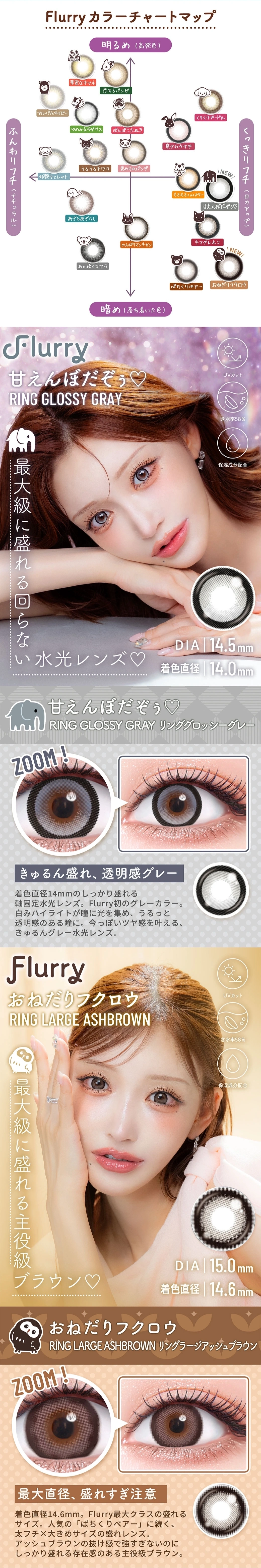 フルーリー カラコン Flurry by colors DIA15.0mm 着色直径14.4mm ベースカーブ8.6mm 含水率58.0%のカラコン