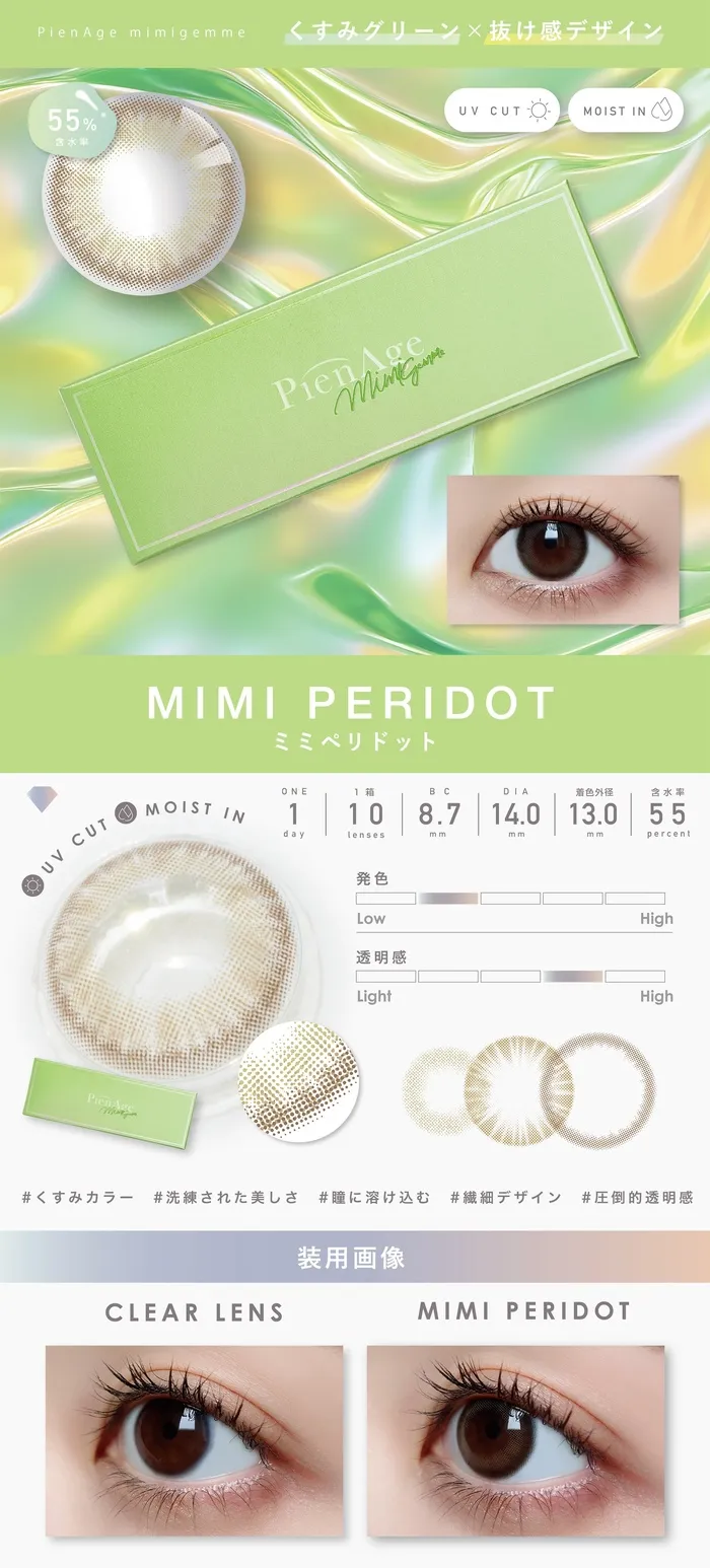 ピエナージュ ミミジェム ワンデー カラコン  ミミペリドット レンズ詳細