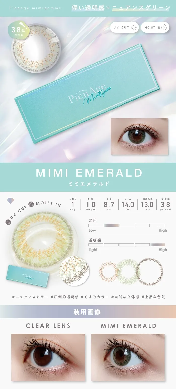 ピエナージュ ミミジェム ワンデー カラコン  ミミエメラルド レンズ詳細