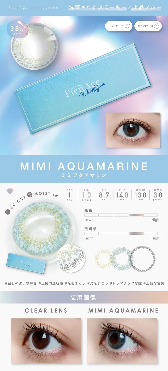 ピエナージュ ミミジェム ワンデー カラコン  ミミアクアマリン レンズ詳細
