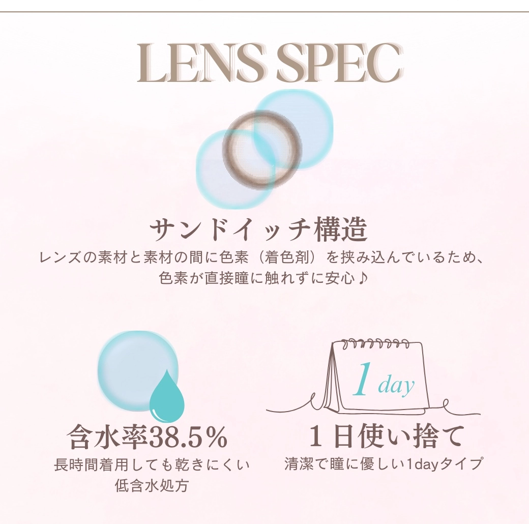 メイリー　レンズスペック DIA14.2mm 着色直径13.3mm ベースカーブ8.7mm 含水率38.5%のカラコン