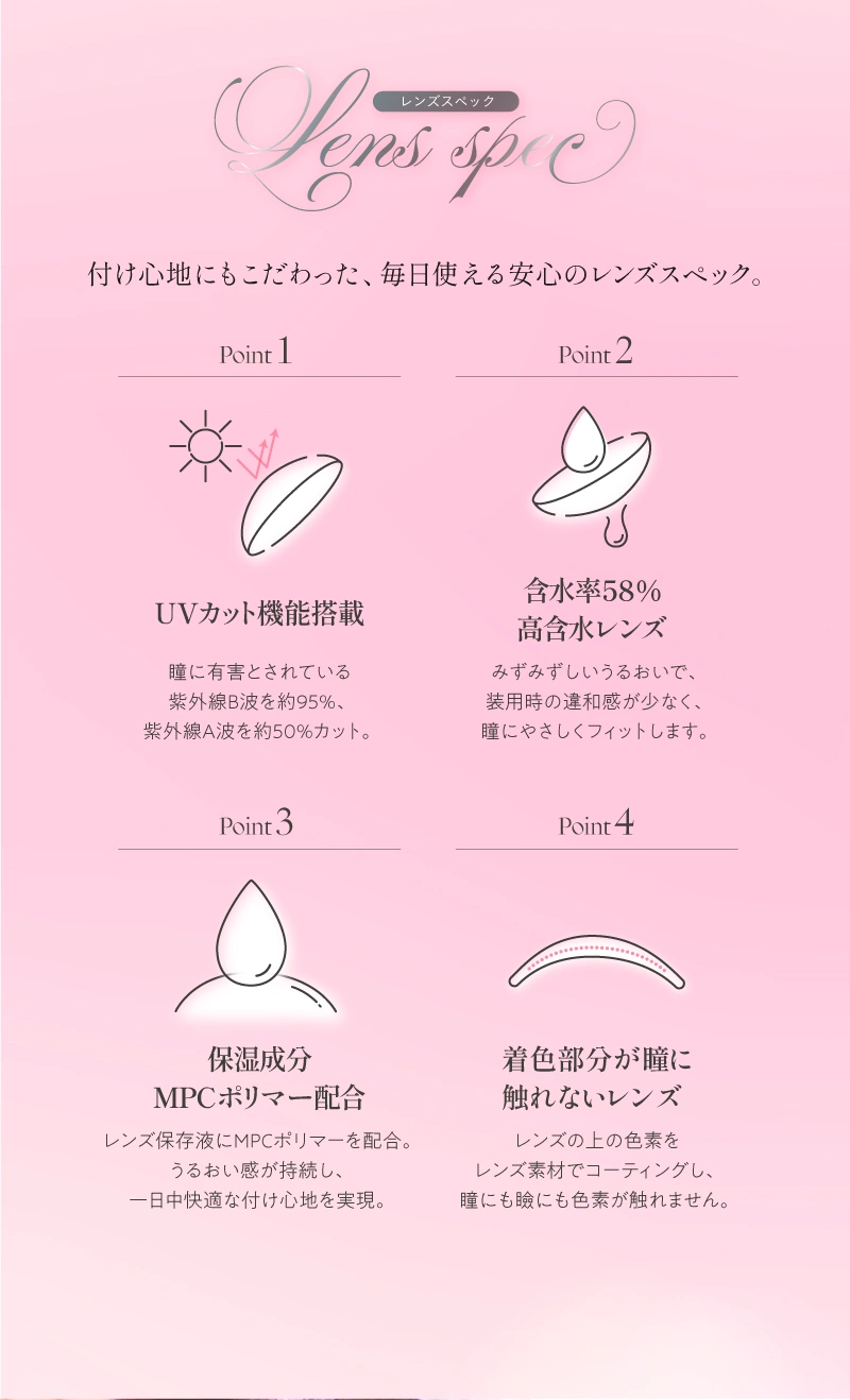 キュプリエ　レンズスペック DIA14.5mm 着色直径13.7mm ベースカーブ8.7mm 含水率58.0%のカラコン