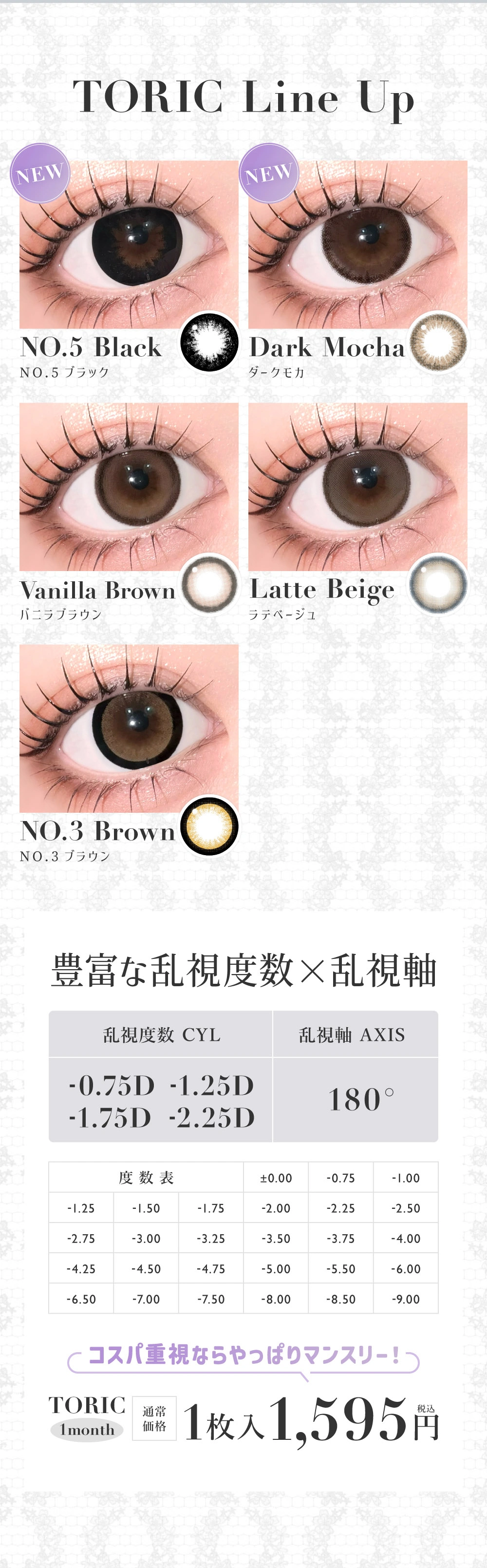 シークレットキャンディーマジック トーリック　カラーラインナップ DIA14.5mm 着色直径14.1mm ベースカーブ8.8mm 含水率38.0%のカラコン