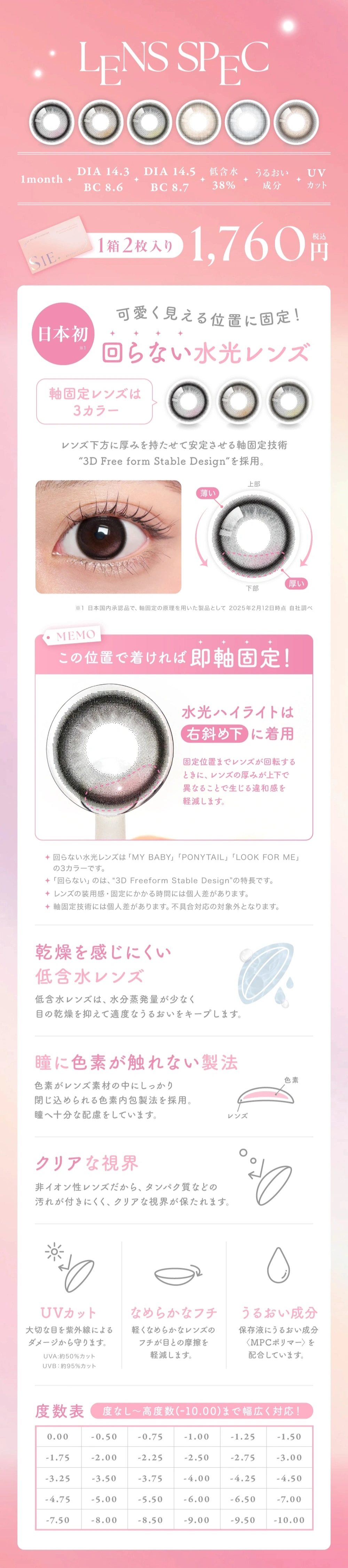 シー　レンズスペック DIA14.3mm 着色直径13.4mm ベースカーブ8.6mm 含水率38.0%のカラコン
